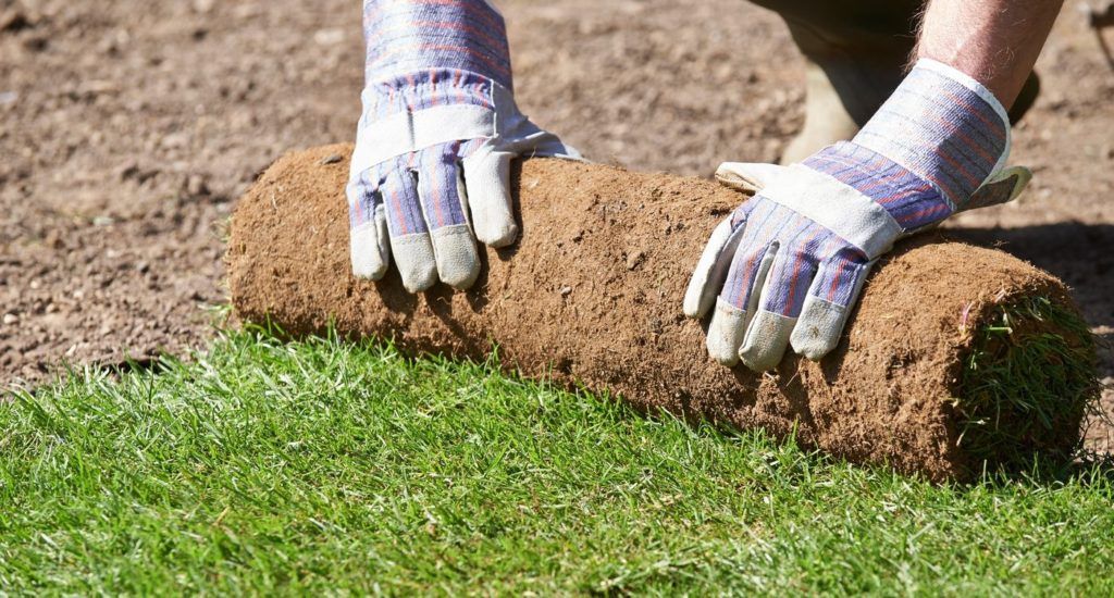 Close Up Of Landscape Gardener Laying Turf For New Lawn