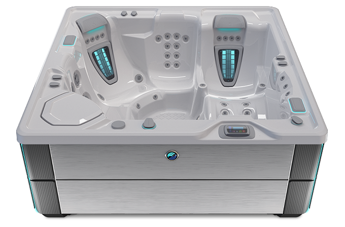 Highlife Aria Hot Tub with Ice Gray Shell and Brushed Nickel Cabinet