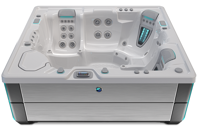 Highlife Envoy Hot Tub with Ice Gray Shell and Brushed Nickel Cabinet