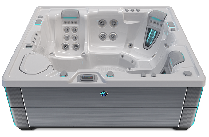 Highlife Envoy Hot Tub with Ice Gray Shell and Charcoal Cabinet