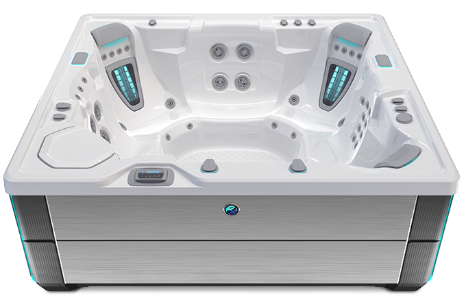 Highlife Grandee Hot Tub with Alpine White Shell and Brushed Nickel Cabinet