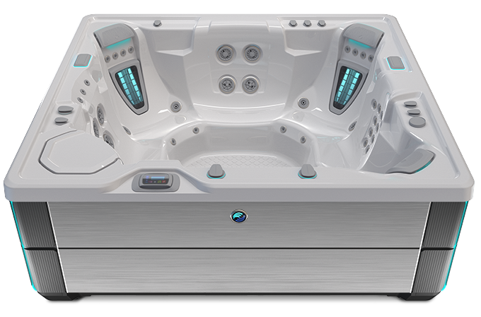 Highlife Grandee Hot Tub with Ice Gray Shell and Brushed Nickel Cabinet