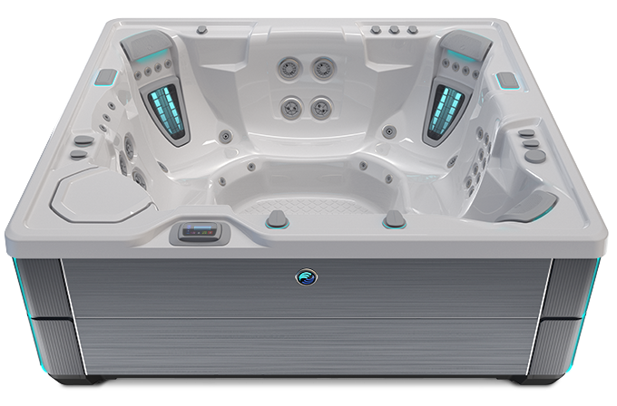 Highlife Grandee Hot Tub with Ice Gray Shell and Charcoal Cabinet