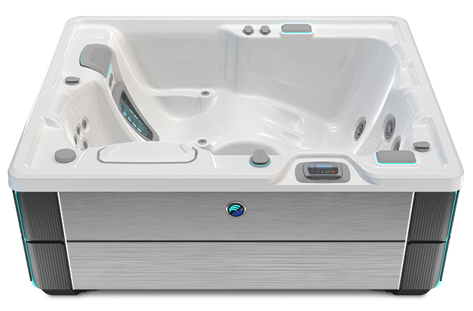 Highlife Jetsetter Hot Tub with Alpine White Shell and Brushed Nickel Cabinet