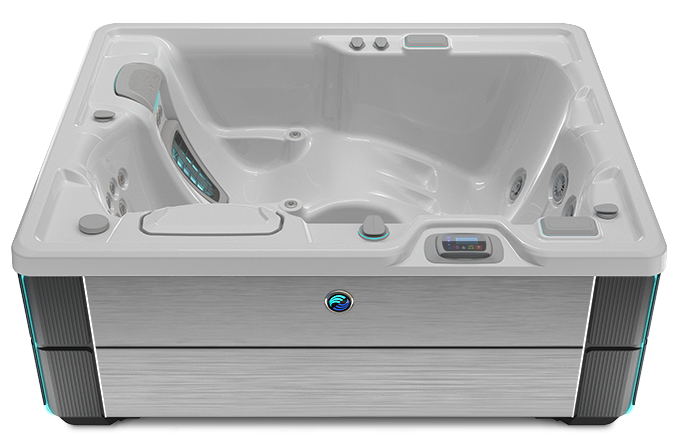 Highlife Jetsetter Hot Tub with Ice Gray Shell and Brushed Nickel Cabinet