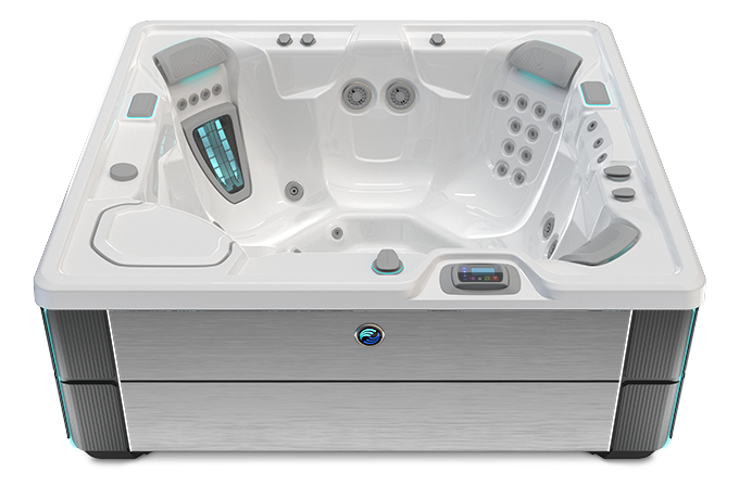 Highlife Prodigy Hot Tub with Alpine White Shell and Brushed Nickel Cabinet