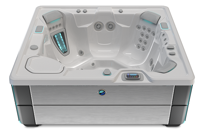 Highlife Prodigy Hot Tub with Ice Gray Shell and Brushed Nickel Cabinet