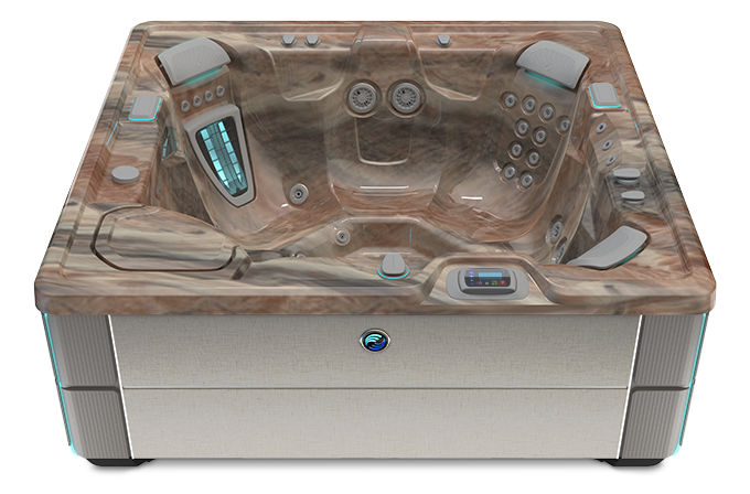 Highlife Prodigy Hot Tub with Tuscan Sun Shell and Linen Cabinet