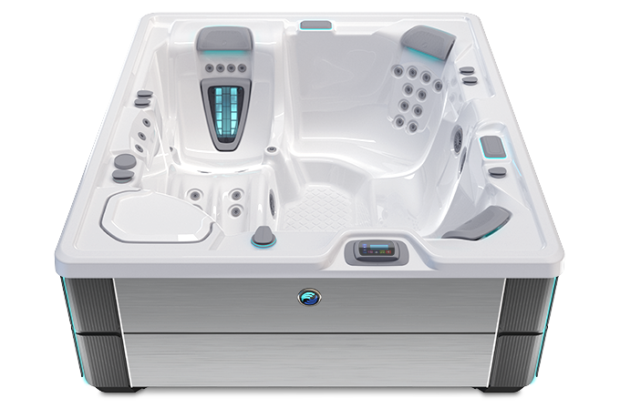Highlife Sovereign Hot Tub with Alpine White Shell and Brushed Nickel Cabinet