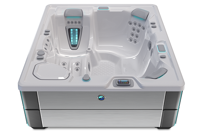 Highlife Sovereign Hot Tub with Ice Gray Shell and Brushed Nickel Cabinet