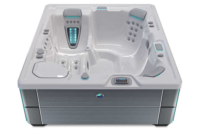 Highlife Sovereign Hot Tub with Ice Gray Shell and Charcoal Cabinet