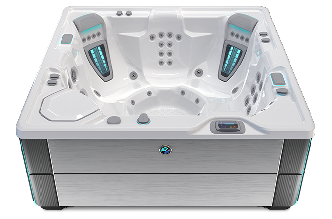 Highlife Vanguard Hot Tub with Alpine White Shell and Brushed Nickel Cabinet