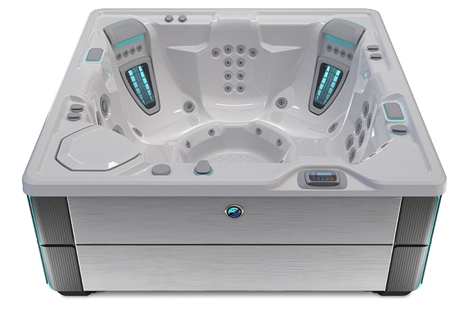 Highlife Vanguard Hot Tub with Ice Gray Shell and Brushed Nickel Cabinet