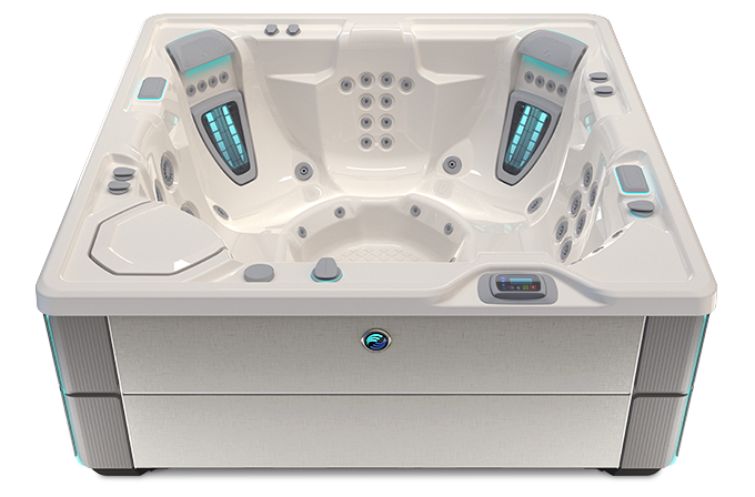 Highlife Vanguard Hot Tub with Ivory Shell and Brushed Nickel Cabinet