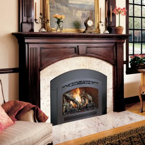 34 DVL Gas Fireplace Insert with French Country Face, Herringbone Brick Fireback, Birch Log Set.