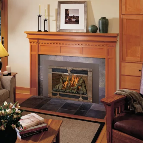 34 DVL Gas Fireplace Insert with Timberline, Bronze Patina Face, Common Brick Fireback, Driftwood Fyre-Art.