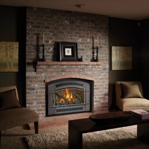 34 DVL Gas Fireplace Insert with Artisan Face, Ledgestone Fireback, Classic Oak Log Set.