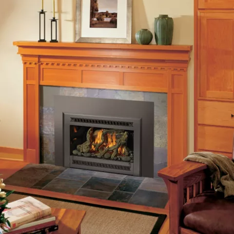34 DVL Gas Fireplace Insert with Metropolitan Face, Black Glass Fireback, Driftwood Fyre-Art.