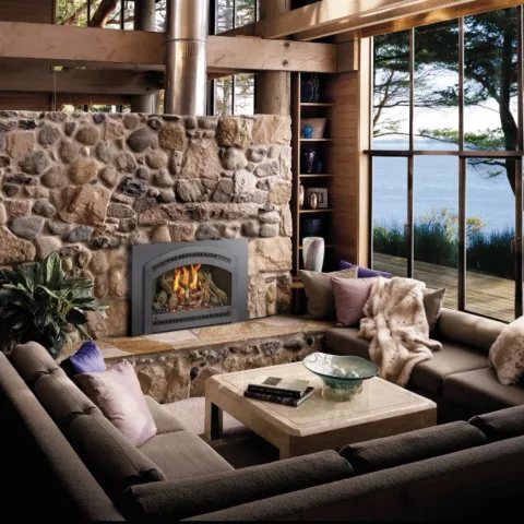 34 DVL Gas Fireplace Insert with Classic Arch Face, Greystone Fireback, Driftwood Fyre-Art.