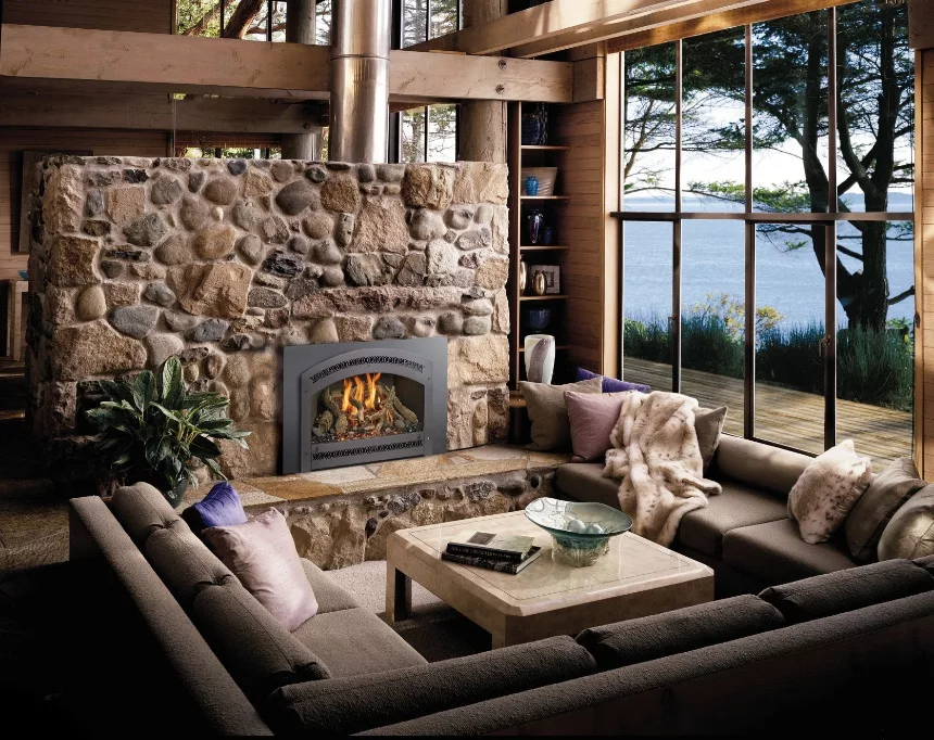 34 DVL Gas Fireplace Insert with Classic Arch Face, Greystone Fireback, Driftwood Fyre-Art.