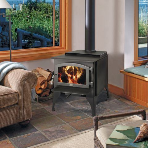 1750 Wood Stove pellet stove in corner of living area