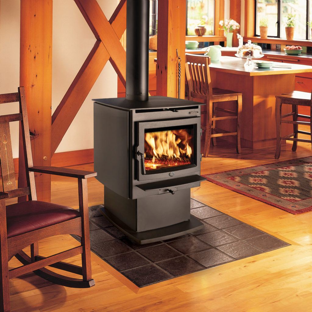 Evergreen NexGen-Fyre™ pellet stove in modern rustic cabin