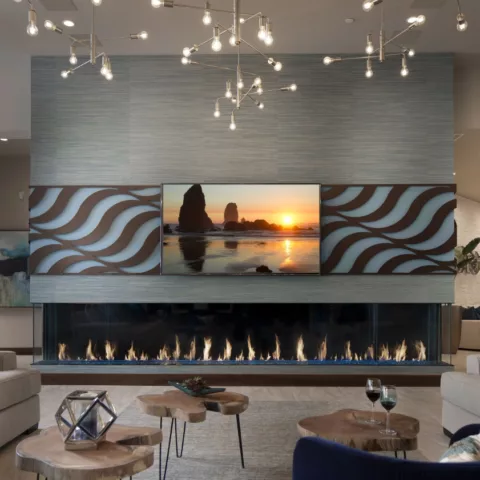 DaVinci Bay Window Linear Gas Fireplace, 30 by 204 inches.