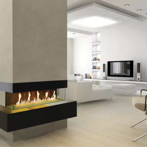 DaVinci Bay Window Linear Gas Fireplace, 72 by 12 inches.