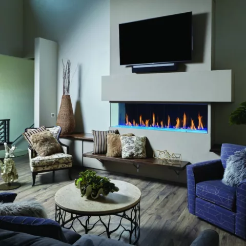 DaVinci Left Corner Linear Gas Fireplace, 20 by 60 inches.