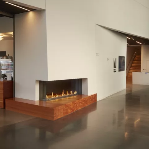 DaVinci Left Corner Linear Gas Fireplace, 36 by 96 inches.
