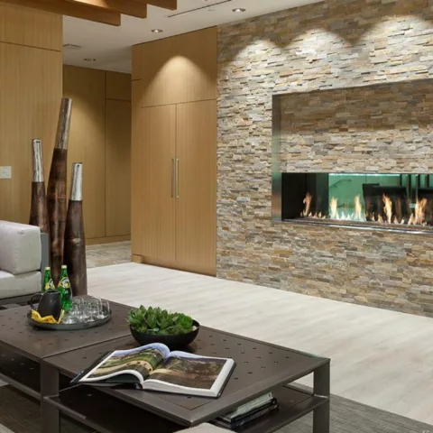 DaVinci See-Thru Linear Gas Fireplace, 72 by 20 inches.