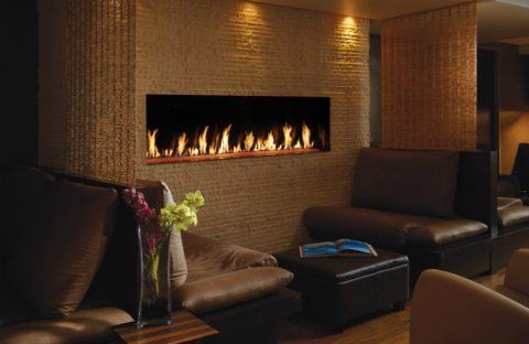 long wall unit fireplace insert in sitting area restaurant