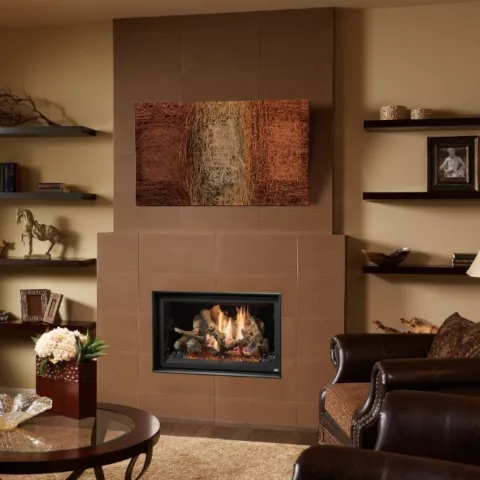 564 TRV 25K Clean Face Deluxe Fireplace with the Adjustable Trim Kit, Black Glass Fireback, and Classic Oak log set