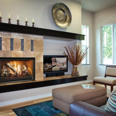 564 TRV 25K Clean Face Deluxe Fireplace with the Adjustable Trim Kit, Tan Stacked Brick Fireback, and Birch log set