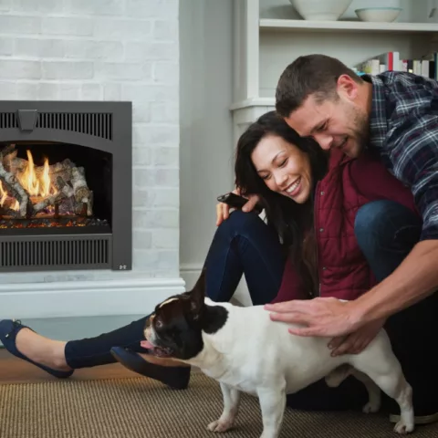 564 TRV 25K Deluxe Fireplace with the Wilmington Face, Black Glass Fireback and Birch log set.