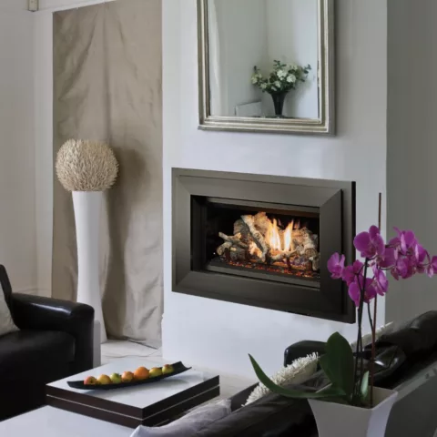 564 TRV 25K Deluxe Fireplace with Shadowbox Satin Black face, Black Glass fireback, and Birch log set.