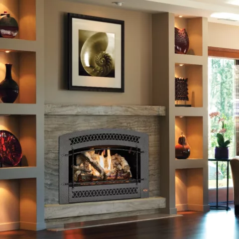 564 TRV 25K Deluxe Fireplace with the Artisan Face, Black Glass Fireback and Birch log set.