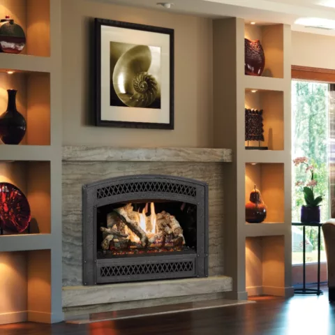 564 TRV 25K Deluxe Fireplace with the Metalsmith Face, Black Glass Fireback and Birch log set.