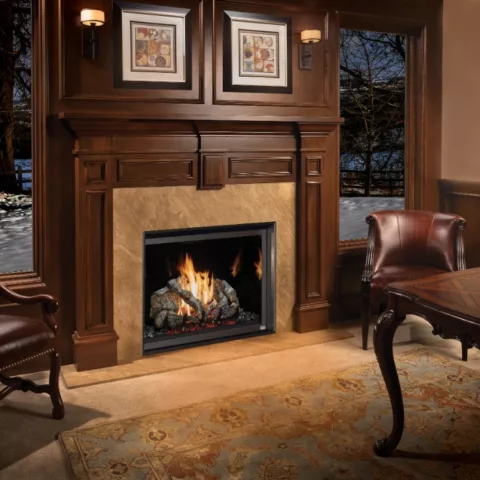864 TV 40K Clean Face Deluxe Fireplace with Adjustable Trim Kit, Black Glass fireback, and Birch log set.