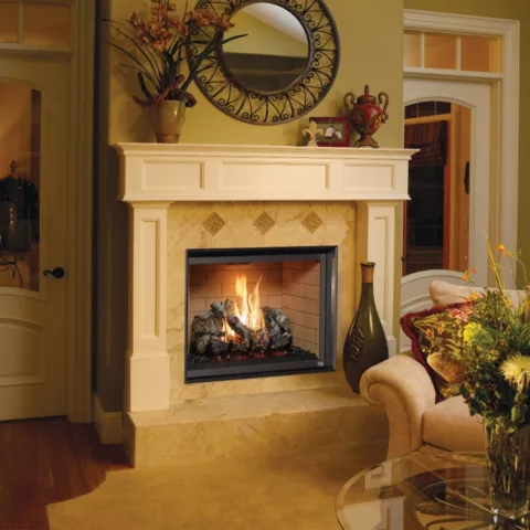 864 TV 40K Clean Face Deluxe Fireplace with Adjustable Trim Kit, Tan Brick fireback, and Birch log set.