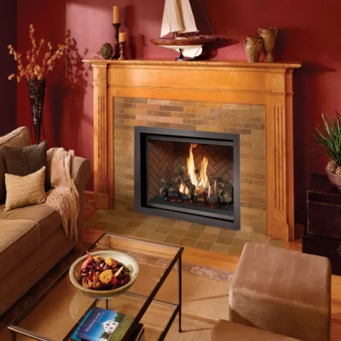 864 TV 40K Clean Face Deluxe Fireplace with Trim Kit, Herringbone Brick fireback, and Classic Oak log set.