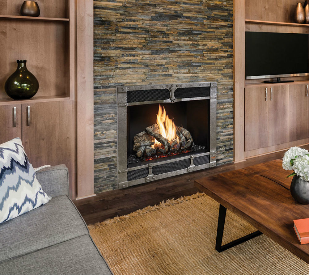 864 TV 40K Clean Face Deluxe™ fireplace unit in slate stone wall