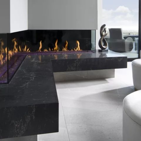 DaVinci L Configuration Linear Gas Fireplace, 20 by 54 by 54 inches.