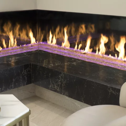 DaVinci L Configuration Linear Gas Fireplace, 20 by 54 by 54 inches.
