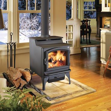 endeavor pellet stove in living area with winter landscape visible through window