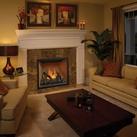 ProBuilder 36 Clean Face Deluxe Fireplace with Brick fireback, and Classic Oak log set.