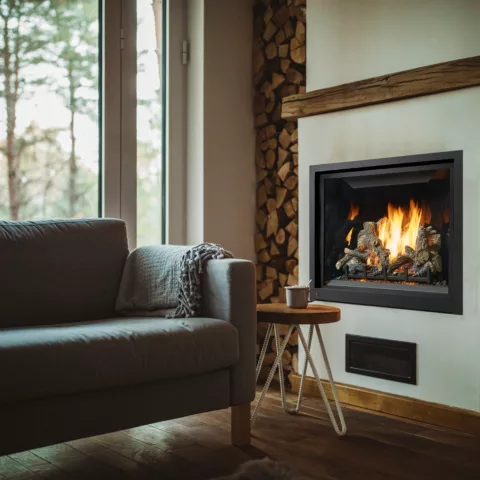 ProBuilder 36 Clean Face Deluxe Fireplace with Black Glass Fireback, and Classic Oak Log set.