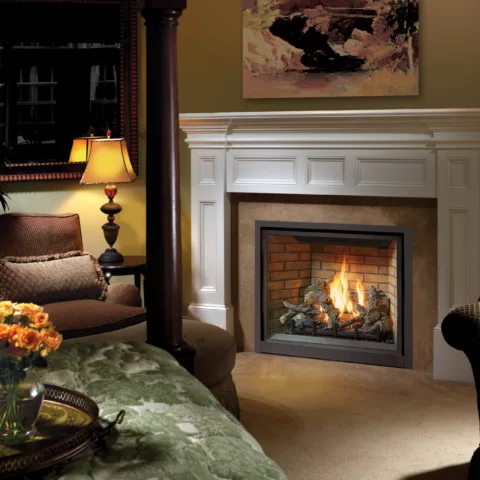 ProBuilder 36 Clean Face Deluxe Fireplace with Brick fireback, and Classic Oak log set.