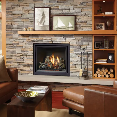 ProBuilder 36 Clean Face Deluxe Fireplace with Black Painted fireback, and Classic Oak log set.