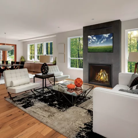ProBuilder 42 Clean Face Deluxe Fireplace with the Black Glass Fireback and BonFyre Logs.